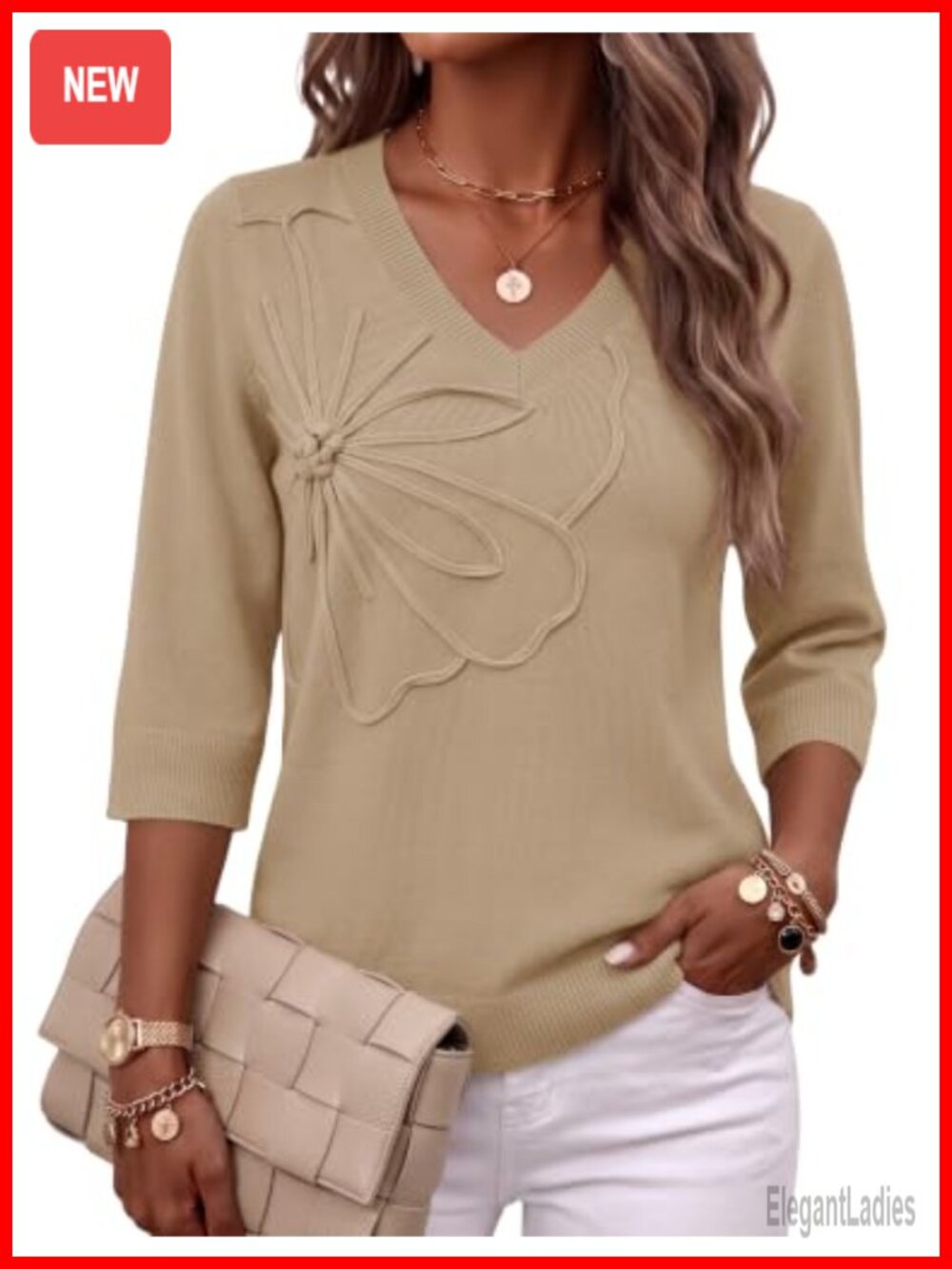 Rapbin Womens V Neck Sweater 3/4 Sleeve Pullover Top